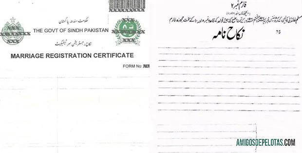 Certificado de casamento do governo do Paquistão de Sindh Paquistão exemplo real